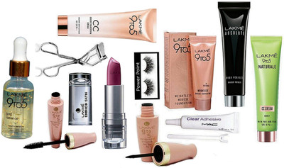 

power point eyelashes,lakme inrich lipstick,eyelashes curler,mousse foundation,eyelashes glue& eyeliner+mascara and cc color transform cream,absolute blur perfect primer,naturale cc cream,gold face serum(Set of 11)