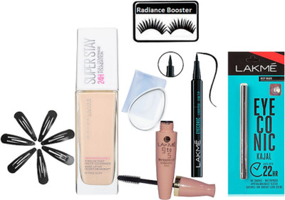 

radiance booster Eyelashes & Mascara & Pen Eyeliner & Kajal & Foundation & Hair Clip (Pack Of 7) & Silicone Puff(Set of 13)