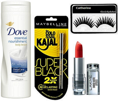 

catherine Eyelashes, Dove Essential Nourishment Bodt Lotion, Maybelline Colossal Super Black Kajal, Lakme Enrich Matte Lipstick(Set of 4)