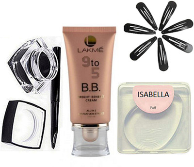 

ISABELLA silicon Puff,lakme 9to5 B.B cream,hair clip pack of 7, fluid line gel eyeliner(Set of 4)