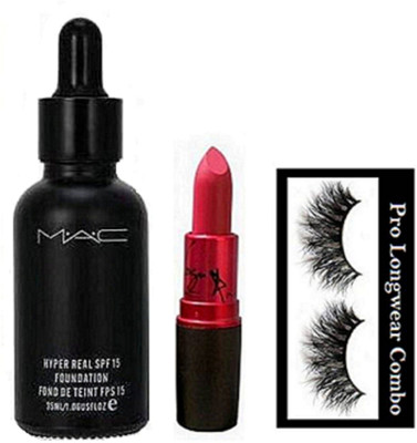 

pro longwear combo Eyelashes, Mac Hyper Real Foundation, Lady Gaga Lipstick(Set of 3)
