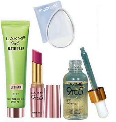 

importedd Silicon Puff, Lakme 9to5 Naturale cc Cream, Lakme 9to5 Lipstick, Lakme 9to5 Gold Radiance Face Serum(Set of 4)