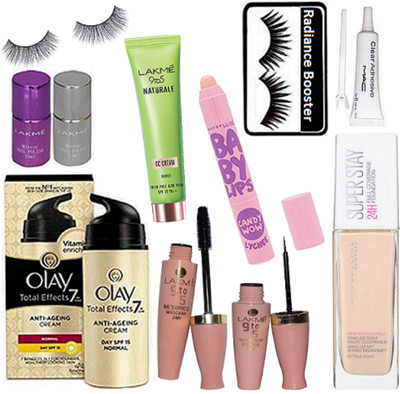

radiance booster Eyelashes & Anti Ageing Day Cream & Super Stay Foundation & Balm & Water Proof Eyeliner+Mascara & Naturale CC Cream & Nail Paint 2 & Eyelashes Glue(Set of 10)