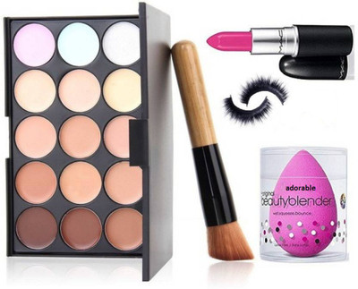 

Adorable Sponge Puff, Mac 15 Shade Concealer palette, Candy Yum-yum Lipstick,Brush, Eyelashes(Set of 5)