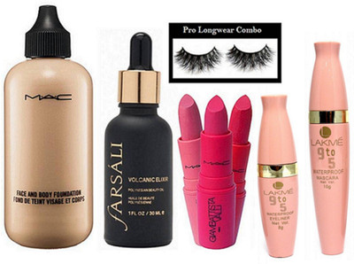 

pro longwear combo Eyelashes, Mac Face And Body Foundation, Farsali Volcanic Elixir face serum with giambattista valli lipstick (Pack of 3), 9to5 Waterproof Eyeliner & Mascara(Set of 8)