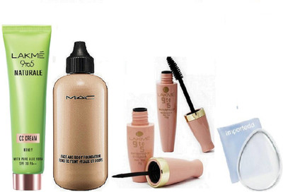 

importedd Silicon Puff, Lakme 9to5 Naturale cc Cream, Mac Face and Body Foundation, Lakme 9to5 Liner and Mascara(Set of 5)