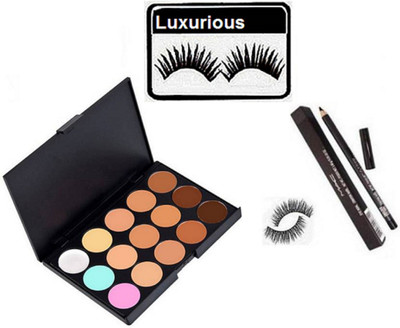 

luxurious Eyelashes & 15 Shade Concealer Palette & Pencil Kajal(Set of 4)