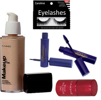

caroline Eyelashes & Mac Makeup Pro long wear Foundation & Padma Eyeliner+Mascara & Lakme Mirror Nail paint(Set of 5)