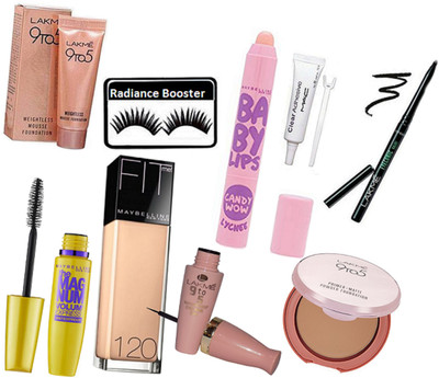 

radiance booster Eyelashes & Weightless Mousse Foundation & Eyeliner & Primer Matte Compact & Kajal & Foundation & Balm & The Magnum Mascara With Eyelashes Glue(Set of 9)