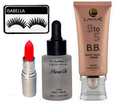 

ISABELLA eyelashes,mac prep+prime primer oil skin base visage ,mariya carry lipstick,lakme 9to5 B.B cream(Set of 4)