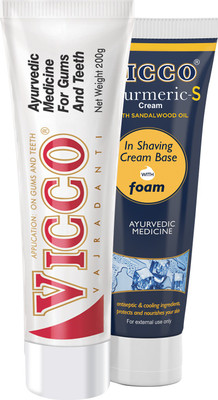 

Vicco Tooth Paste(Vajradanti Paste)-200g+Shaving Cream(Turmeric-S Cream with Sandalwood Oil in Shaving Cream Base wih Foam)-70g(Set of 2)