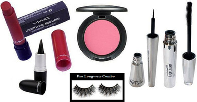 

pro longwear combo Eyelashes & Mac Liptensity Lipstick & Brooke Candy Eyeliner & Mascara & Pink Shade Blusher, Stick Kajal(Set of 6)