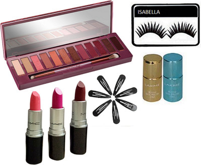 

ISABELLA eyelashes, matte finish lipstick pack of 3, nail paint 2,hair clip pack of 7, cherry 12 shade eye shadow pallet(Set of 14)