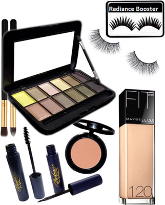 

radiance booster Eyelashes & 12 Shades Eyeshadow Palette & Padma Eyeliner+Mascara & Blusher & Makeup Brush 2 & Maybelline Fit Me Foundation(Set of 9)