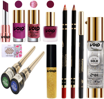 

Volo Premium Quality Makeup Set(Primer,Lipstick,Bindi,Lipliner,Shine-Glitter & Matte Nail Polish,Eyeliner,Kajal and Glitter Eyeliner)(Set of 12)