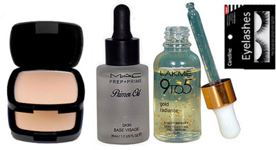 

caroline Eyelashes & Lakme 9 to 5 Gold Radiance Face Serum & Mac Prep+Prime Primer Oil & Compact(Set of 4)