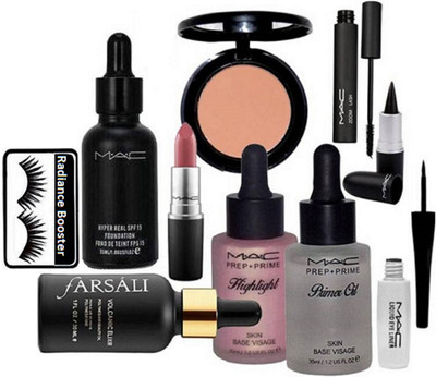 

radiance booster Eyelashes & Hyper Real Foudation & Prep+Prime Primer Oil & Highlight & Blusher & Stick Kajal & Water Proof Eyeliner+Mascara & Lipstick & Face Serum(Set of 10)