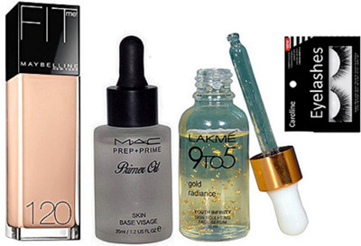

caroline Eyelashes & Lakme 9 to 5 Gold Radiance Face Serum & Prep+Prime Primer Oil & Maybelline Fit me Foundation(Set of 4)