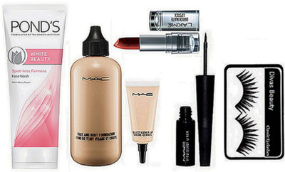 

Divas Beauty Eyelashes, Mac Face And Body Foundation, Liquid Eyeliner, Select CoverUp & Lakme Enrich Matte Lipstick, Maximum Moisturiser, Pond's White Beauty Spot-Less Fairness Face Wash(Set of 6)