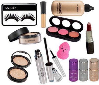 

ISABELLA eyelashes,3shade blusher,lipstick,loose powder,silicon puff,face &body foundation,brooke candy mascara & eyeliner,illuminator, mineralize concealer,mirror nail paint pack of 3(Set of 13)