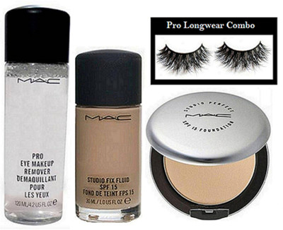 

pro longwear combo Eyelashes, Mac Studio Fix Fluid Foundation, Studio Prefect Fix Compact, Pro Eye Makeup Remover(Set of 4)
