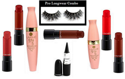 

pro longwear combo Eyelashes, Mac Liptensity Lipstick Multi Color (Pack of 5), Stick Kajal, 9to5 Waterproof Eyeliner & Mascara(Set of 9)