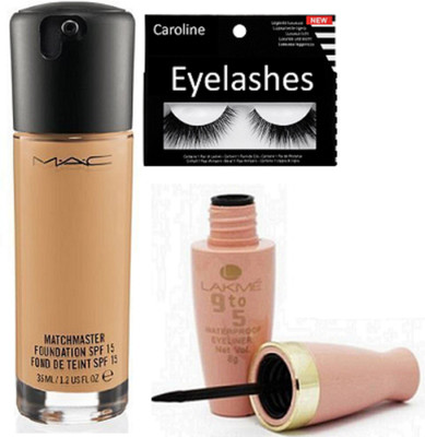 

caroline Eyelashes & Mac Match Master Foundation & Lakme 9 to 5 Eyeliner(Set of 3)