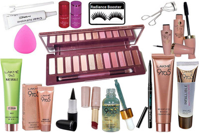 

radiance booster Eyelashes & 12 Shades Eye Shadow Palette & Stick Kajal & Lakme 9 to 5 Eyeliner+Mascara & Weightless Mousse Foundation (Pack Of 2) & Kajal & Infallible Primer & Lipstick & Gold Radiance Face Serum & Naturale CC Cream & Nail Paint (Pack Of 