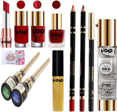 

Volo Premium Quality Makeup Set(Primer,Lipstick,Bindi,Lipliner,Shine-Glitter & Matte Nail Polish,Eyeliner,Kajal and Glitter Eyeliner)(Set of 12)