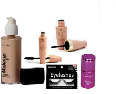 

caroline Eyelashes & Mac Makeup Pro long wear Foundation & Lakme 9 to 5 Eyeliner+Mascara & Miror Nail paint(Set of 5)