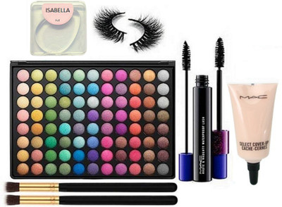 

ISABELLA Silicon Puff & makeup brush 2 & professional 88 shade multi color eye shadow palette & mac haute & naughty water proof mascara & select cover up concealer & eyelashes(Set of 7)