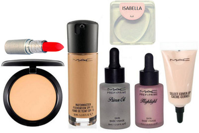 

ISABELLA Silicon Puff & Match Master Foundation & Studio Fix Compact & Prep+Prime Primer Oil & Highlight & select cover concealer & Mariah Carey lipstick(Set of 7)