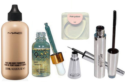 

pink palace Silicon Puff , Mac Face&Body Foundation Lakme 9to5 gold radiance face serum, Brooke Candy Eyeliner&Mascara(Set of 5)