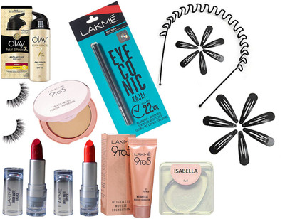 

ISABELLA silicon puff, primer matte compact,enrich lipstick pack of2,wieght less mousse foundation,eyelashes, kajal ,hair band with hair clip pack of 14, total effect 7in one anti ageing day cream(Set of 23)
