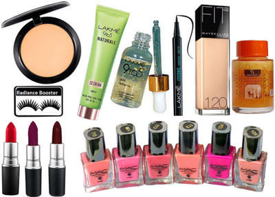 

radiance booster Eyelashes & Nail Paint (Pack Of 6) & Compact & Nail Paint Remover & Lipstick (Pack Of 3) &Naturale CC Cream & Gold Radiance Face Serum & Pen Eyeliner & Foundation(Set of 16)