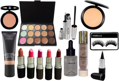 

ISABELLA eyelashes,matte finish lipstick pack of 5,pro long wear water proof nourshing foundation,15 shades Concealer palette, Prep+Prime skin base visage pirmer oil, Highlighter, Stick kajal, Compact, Brooke Candy Eyeliner & mascara, Blusher(Set of 15)