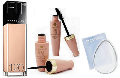 

importedd Silicon Puff, Maybelline Fitmet Foundation, Lakme 9to5 Liner and Mascara(Set of 4)