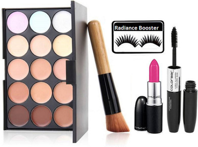 

radiance booster Eyelashes & 15 Shades Concealer Palette & Lipstick & Eyeliner+Mascara With Makeup Brush(Set of 5)