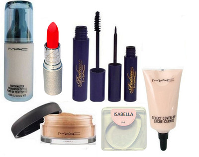 

ISABELLA silicon puff & match master liquid foundation & lipstick & loose powder & padma eyeliner+mascara & select cover up concealer(Set of 7)