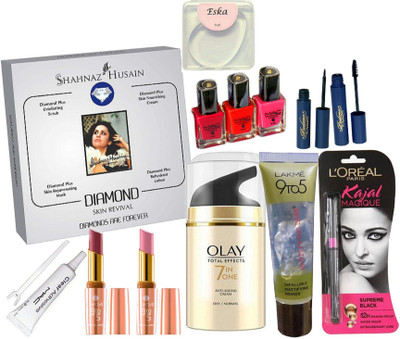 

Eska Silicon puff, Mac padma Eyeliner & mascara, Nail paint pack of 3,Eyelashes Glue, lakme 9to5 Infalliable mattifying primer , kajal, olay total effects 7in one anti ageing day cream , shahnaz Husain diamond facial kit, lipstick pack of 2(Set of 13)