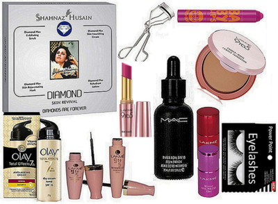 

powerpoint Eyelashes, Eyelashes Curler, Olay Cream, shahnaz Husain Facial Kit, Lakme Nail Paint (pack of 2 ), 9to5 Compact, Eyeliner & Mascara, Lipstick, Maybelline Baby Lips Lip Balm, Mac Hyper Real Foundation(Set of 12)