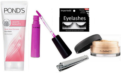

Importedd Eyelashes, Mac Select Sheer Loose Powder, Purple Lipgloss, Nail Cutter, Pond's White Beauty Spot-Less Fairness Face Wash(Set of 5)