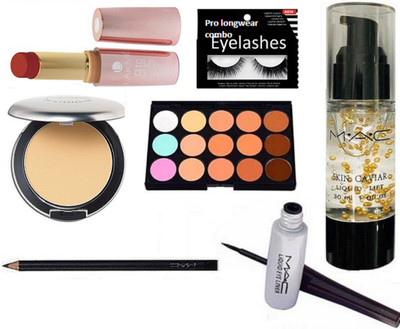 

pro longwear combo Eyelashes, Mac 15 shade concealer palette, studio perfect compact, skin caviar primer, liquid eyeliner, lakme 9to5 lipstick, pencil kajal(Set of 7)