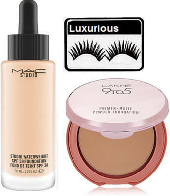 

luxurious Eyelashes & Water Wight Foundation & Lakme 9 to 5 Primer Matte Compact(Set of 3)