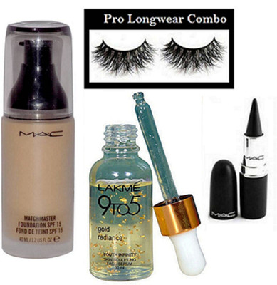 

pro longwear combo Eyelashes, Mac Matchmaster Foundation, Stick Kajal, 9to5 Gold Radiance Face Serum(Set of 4)