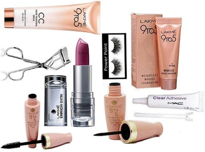 

power point eyelashes,lakme inrich lipstick,eyelashes curler,mousse foundation,eyelashes glue& eyeliner+mascara and cc color transform cream(Set of 8)