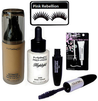 

Pink rebellion Eyelashes & Mac Match master Foundation & Skin Base Visage Highlight & Color bar 2 in 1 Eyeliner+Mascara With Eyelashes Glue(Set of 6)