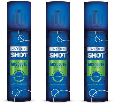 

Layer'r Shot Absolute Series CRAZE Pack of 3 Fragrant Body Spray - For Men(405 ml, Pack of 3)