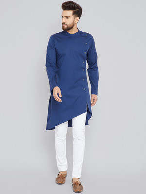 See Designs Men Solid Asymmetric Kurta(Blue)