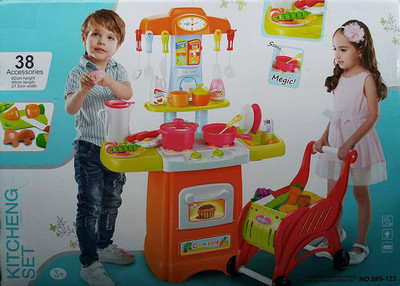 

Hi - Widze 3 in 1 Big Size Battery Operated Kitchen Play Set Plus Food Cutting Set Plus Food Shopping Trolley Set with Light and Sound
